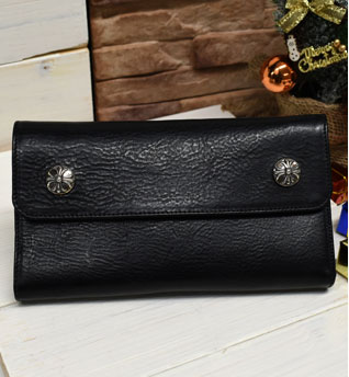 chrome hearts クロムハーツ ウェーブウォレット クロスボタン ブラック ヘビーレザー